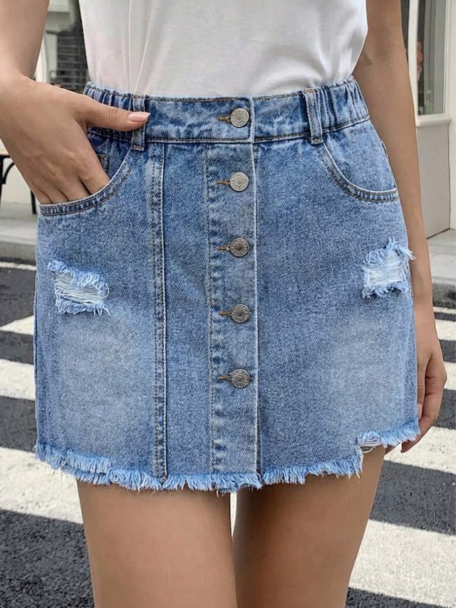 Teen Girls Casual Pockets Button Distressed Frayed Hem Denim Skirt Pants, Versatile For Daily Wear - Dark Wash - View 1