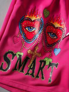 ROMWE MEN Men's Cross & Diamond Print Loose Shorts, Spring/Summer - Hot Pink - View 3