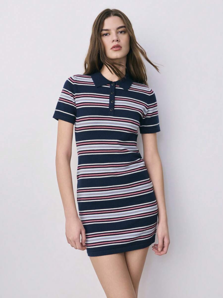 Nöista Striped Terry Towelling Fabric Polo Set, Short Sleeves, And A Buttoned Placket. Combine With Skirt. Spring, Summer, Woman. - Navy Blue - View 1