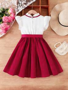 Elladie kids 女童甜美蕾丝拼接荷叶边蝴蝶结装饰袖口缎带腰身中长连衣裙，正式通勤风格，夏季新品 - 彩色 - 查看 2