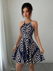 Elenzga 藏蓝色箭头印花优雅设计露背系带短款连衣裙，高品质，风格高贵典雅，适合情人节、复活节、劳动节、生日、约会、派对、正式场合、春夏穿着。 - 藏蓝色 - 查看 6