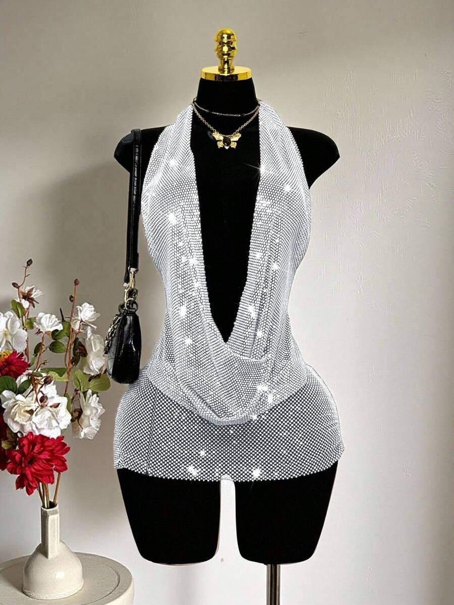 SHEIN Unity 女士深V领亮片网纱连衣裙,镶钻闪亮,适合酒吧派对、嘉年华、夜店等场合穿着 - 白色 - 查看 1