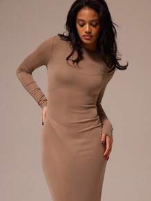 MUSERA ESSENTIALS 圆领长袖薄纱网纱长款连衣裙，春夜外出性感可爱修身网纱必备优雅夏季长裙 - 駝色 - 查看 2