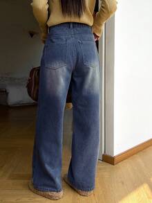 DAZY Relaxed Vintage Wide Leg Jeans, Autumn/Winter Thermal Lined Straight Leg Floor Length Jeans For Women - Dark Wash - View 2