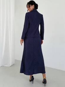 Firerie Women's Elegant Minimalist Fashion Commuter Urban Chic Double-Breasted Lapel Waist Cinched Navy Blue Striped Blazer And Low-Waist Fish Tail Navy Blue Striped Skirt 2 Pieces Suit - Navy Blue - View 8