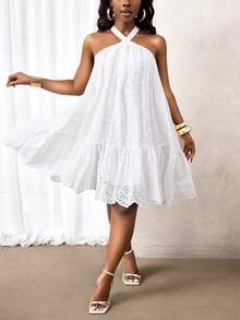 BamGleam Gerafftes Neckholder-Kleid mit weiter Passform und fließendem Stoff, Stickerei aus Baumwolle für Damen, geeignet für Party, Urlaub, Alltag, Frühling/Sommer - Weiss - Übersicht 6