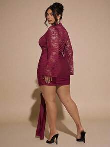 SHEIN BAE Rochie de damă Plus Size, culoare solidă, dantelă, model patchwork, mulată - Burgundia - Vizualizare 2