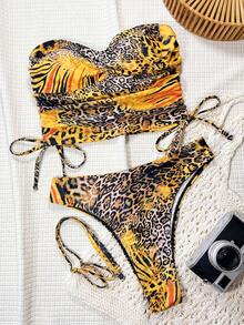 Swim SXY 2pcs Leopard Print Detachable Strap Pleated Front Drawstring Waist Casual Beach Bikini Set For Women - Multicolor - View 4