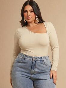 SHEIN BAE Plus Size Women Solid Color Long Sleeve Asymmetric Collar Bodysuit - Apricot - View 6