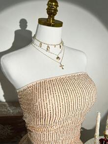 Elamini Đầm quây nữ màu trơn xếp ly đính sequin phối nhiều mảnh - Màu be - Xem 5