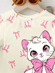 Bộ đồ cho bé gái gồm áo thun ngắn tay cổ tròn in hình mèo hoạt hình dễ thương và quần ống loe, màu hồng. - Nhiều màu - Xem 5