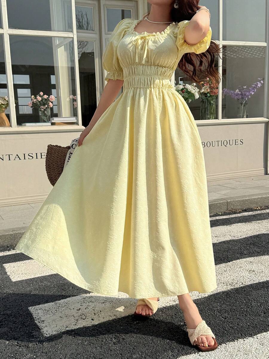 Feyla 女士提花荷叶边打结设计优雅收腰中长派对连衣裙，配泡泡袖 - 淡黃色 - 查看 1