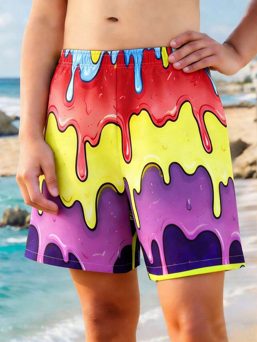 SHEIN Quần bơi nam tuổi teen in hình bánh donut nhiều màu sắc, thích hợp cho kỳ nghỉ hè, đi biển, dự tiệc bể bơi, mùa xuân/hè.