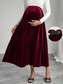 SHEIN Solid Color Velvet Skirt, Elegant Maternity Casual Skirt - Burgundy - View 4