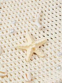 ROMWE Fairycore 1 Set Beige Woven Beach Tote Bag & Accessories, Fashionable Personalized Beach Resort Style Women Tote Bag (Includes 1 Bag And 1 Set Of Accessories) - Beige starfish flower edge - View 4