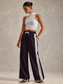 EURMUSE Women Solid Color Side Contrast Detailed Wide Leg Sweatpants - Black - View 7