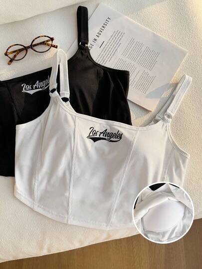 Comfortcana 2pcs Plus Size Women Casual Daily Commute Versatile Letter Embroidery Padded Fitted Cropped Camisole Tank Top, Summer