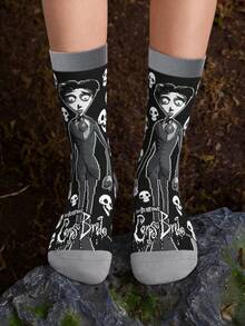 Corpse Bride X SHEIN 2双装柔软透气吸湿休闲中筒袜，时尚黑白船袜，加固袜头和袜跟，经久耐穿，男女通用，情侣四季皆宜，夏季冬季百搭，图案袜子 - 彩色 - 查看 7