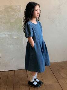 DAZY 女童（小号）圆领泡泡袖牛仔连衣裙 - 藍色 - 查看 1