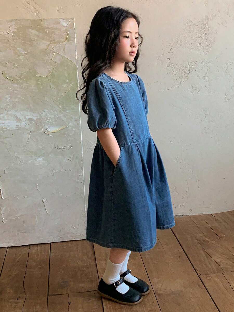 DAZY 女童（小号）圆领泡泡袖牛仔连衣裙 - 藍色 - 查看 1