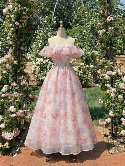SHEIN MOD Women's Floral Print Off-Shoulder Elegant Dress, Spring/Summer Outfits, Tea Party Outfit Women, Cottagecore Dress, Holidays, Birthday, Festival, Tea Party Dress, Floral Maxi Dress, Wedding Guest Dress, Graduation Dress, Valentine Dress, Romantic Dress, Elegant Dresses, Pink Vacation Dress