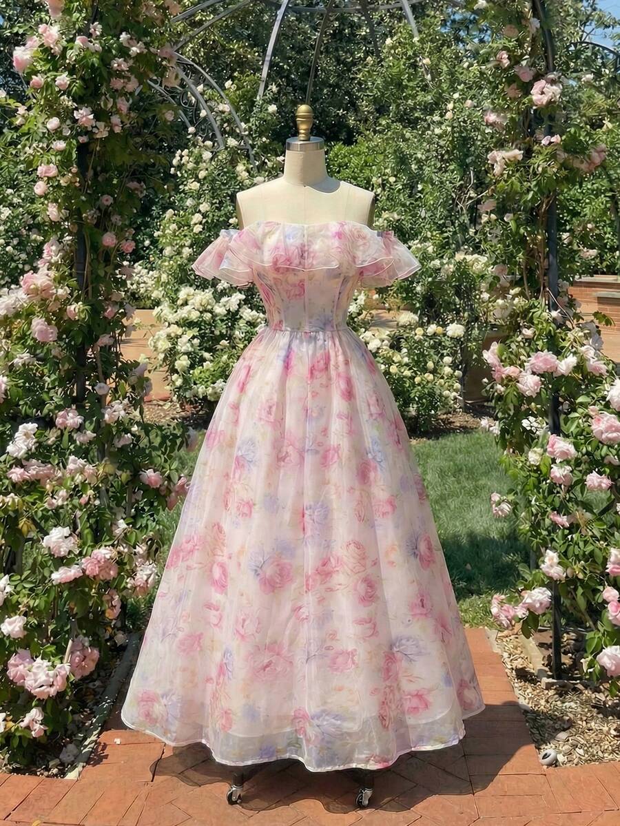 SHEIN MOD 女士印花露肩优雅连衣裙 - 彩色 - 查看 1