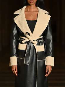 Mima John 女士休闲撞色装饰长袖口袋蓬松拼接夹克女款保暖秋冬装 - 黑色 - 查看 5