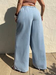 Sunnyshic Quần jeans ống đứng dáng rộng, thiết kế cạp chun bất đối xứng dành cho nữ cỡ lớn, trang phục thường ngày kiểu cao bồi. - Rửa nhẹ - Xem 2