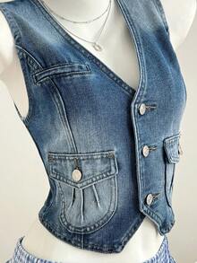 Elamini Women's Casual Sleeveless Front Button Denim Blouse, Summer - Medium Wash - View 5