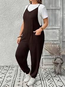 SHEIN Tall CURVE Plus Size Women Casual Jumpsuit With Suspenders, Spring/Summer - Brown - View 4