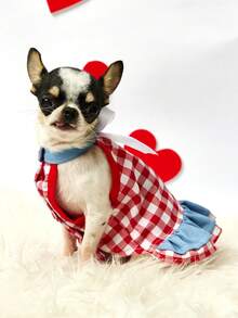 PETSIN Red & White Gingham Pet Dress With 'Heart Patch - Bow Collar & Ruffled Hem Dog Outfit, Cute Casual Summer Dress For Small Dogs & Cats - pink and blue - View 5