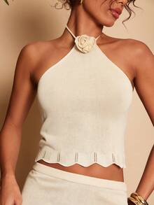 Travachic 女士夏季度假3D立体花卉吊带上衣和迷你裙两件套 - 杏色 - 查看 6