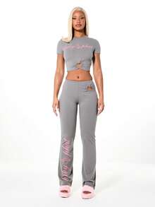 BABYPHAT Flared Bottom Leggings With Heart Cutout Detail And Pink Script Print Along Leg For Valentine's Day - Grey - View 3