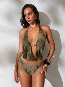 Aloruh Green Velvet Fabric Halter Neck Backless High Cut Triangle Bikini Sets With Metallic Accents - Multicolor - View 4
