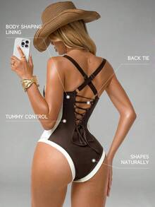 Shapewave Traje de baño de una pieza con control de abdomen, con abertura lateral, push-up y efecto estilizante, en marrón y beige para mujer - Café integral - Ver 2