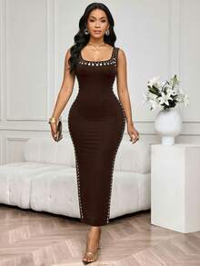 SHEIN Lady 女士夏季时尚铆钉细节开衩中长连衣裙 - 深棕色 - 查看 5