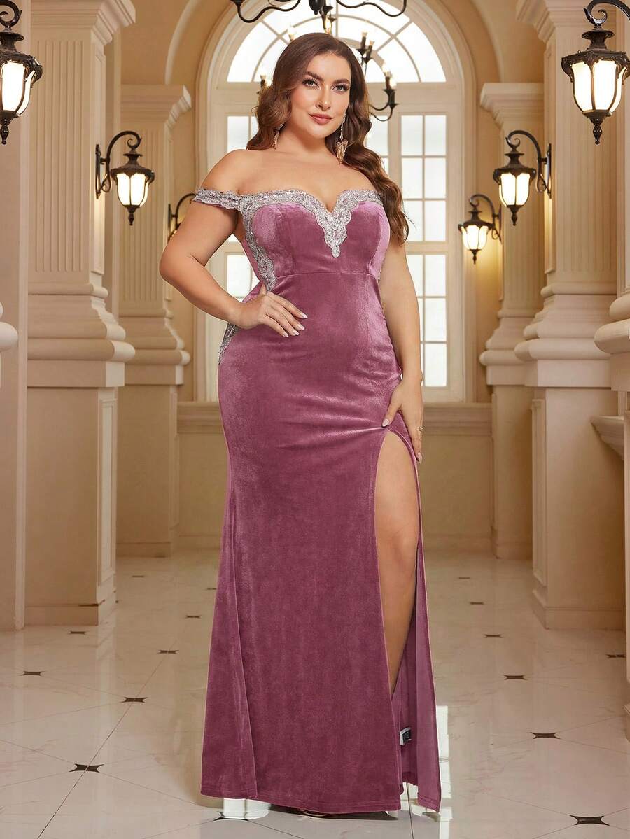 SHEIN Belle Plus Size V-Neck Sleeveless Embroidered Sequin Patchwork High Slit Korean Velvet Formal Gown (Heavy Embellishment) - Dusty Pink - View 1