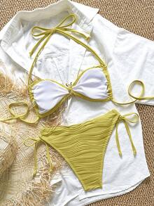 Swim Mod Swim Chiccia Textured Fabric Metal Buckle Halter Tie Side Bikini Set, Summer Beach Vacation - Mustard Yellow - View 2