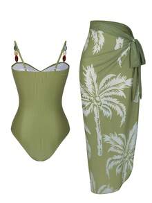 Swim Oasis Women's New Solid Color Special Fabric Beaded Backless One-Piece Swimsuit With Coconut Tree Net Skirt High-End 2 Pieces Set, Spring/Summer Resort Wear Women Sage Dress Sage Green Top Corset Top Dress Olive Green Bridesmaid Dress - Green - View 2