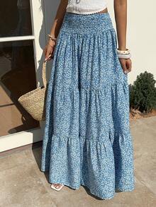 SHEIN EZwear 蓝色碎花抽绳腰休闲半身裙（女款） - 藍色 - 查看 7