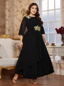 Reflora Đầm dự tiệc cocktail tay lửng 3/4 thanh lịch dành cho nữ cỡ lớn, đính ren, có phần eo thắt gọn. - màu đen - Xem 4