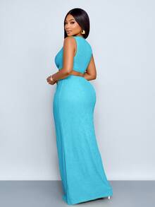 SOLERSUN Plus Size Women's Spring And Summer Solid Color Textured Fabric Waist Hollow Twist High Slit Sexy Long Dress, Beach Vacation - Baby Blue - View 2