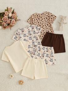SHEIN 6pcs/Set Baby Girls' Cute Bunny Print Casual Shorts Set, Spring/Summer - Apricot - View 2