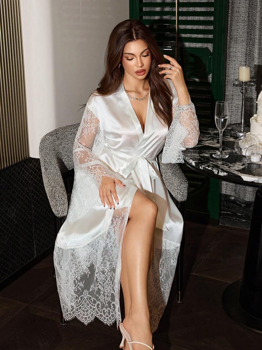 SilkySpell 1 chiếc áo choàng gợi cảm dành cho nữ, váy dài bằng satin thanh lịch, áo khoác tay dài viền ren, màu trắng, váy mặc nhà, phù hợp mọi mùa. - trắng - Xem 1