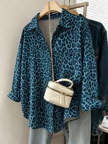 Franclia Women's Casual Loose Long Sleeve Shirt, Leopard Print Pattern, Simple And Versatile For Everyday Wear, Autumn/Winter - Blue - View 1