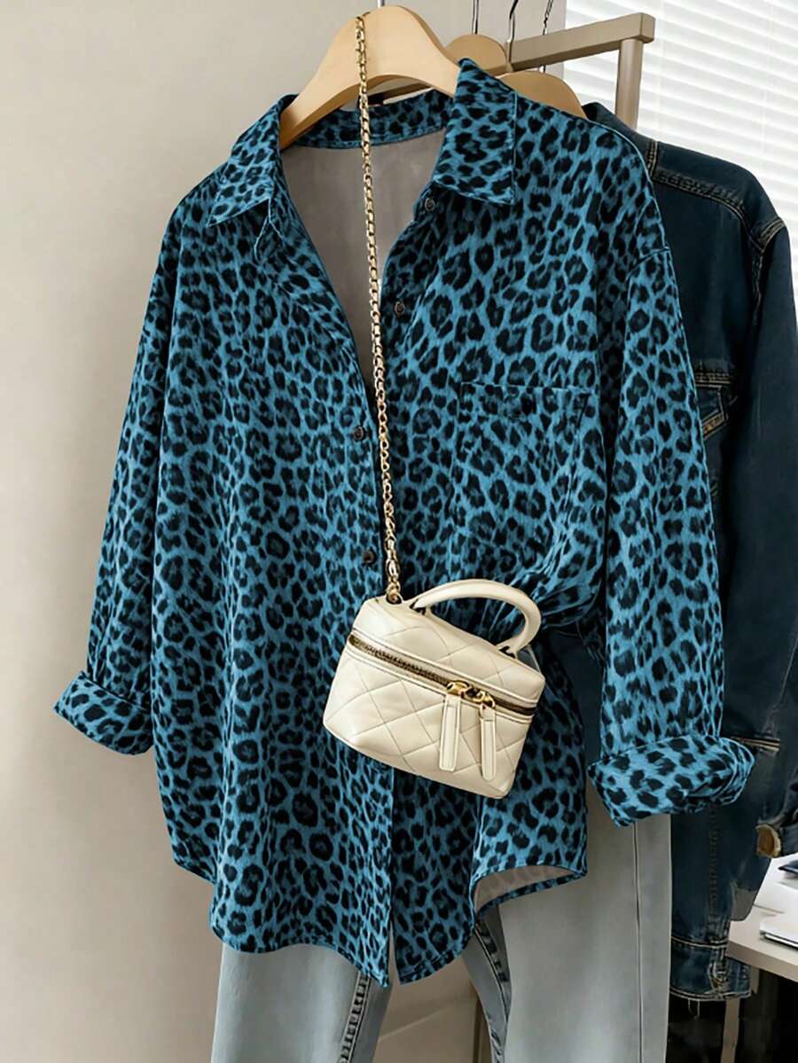 Franclia Women's Casual Loose Long Sleeve Shirt, Leopard Print Pattern, Simple And Versatile For Everyday Wear, Autumn/Winter - Blue - View 1