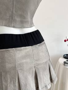 Elamini 女士休闲时尚撞色弹力腰褶裥牛仔迷你裙，夏季 - 白色 - 查看 5