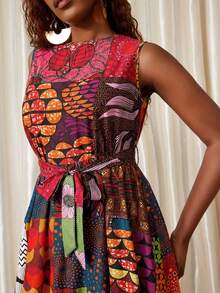 Eryvara Đầm nữ cổ tròn không tay in họa tiết hỗn hợp châu Phi, họa tiết ngẫu nhiên, thích hợp cho kỳ nghỉ. - Nhiều màu - Xem 7