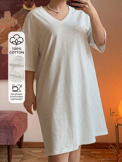Dazy Plus Plus Size Women Solid V-Neck Loose Short Nightgown, Spring/Summer Home Dress