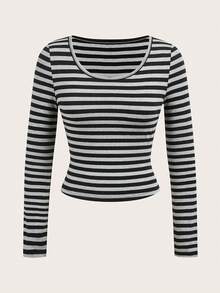 CovetEZ 95%纯棉，女士休闲修身条纹长袖圆领T恤，适合春秋冬季节穿着。适合运动、健身、休闲穿着，修身剪裁，复古柔美风格，居家、上学、运动等场合皆宜，是打造百搭秋季造型的理想之选。 - 彩色 - 查看 7